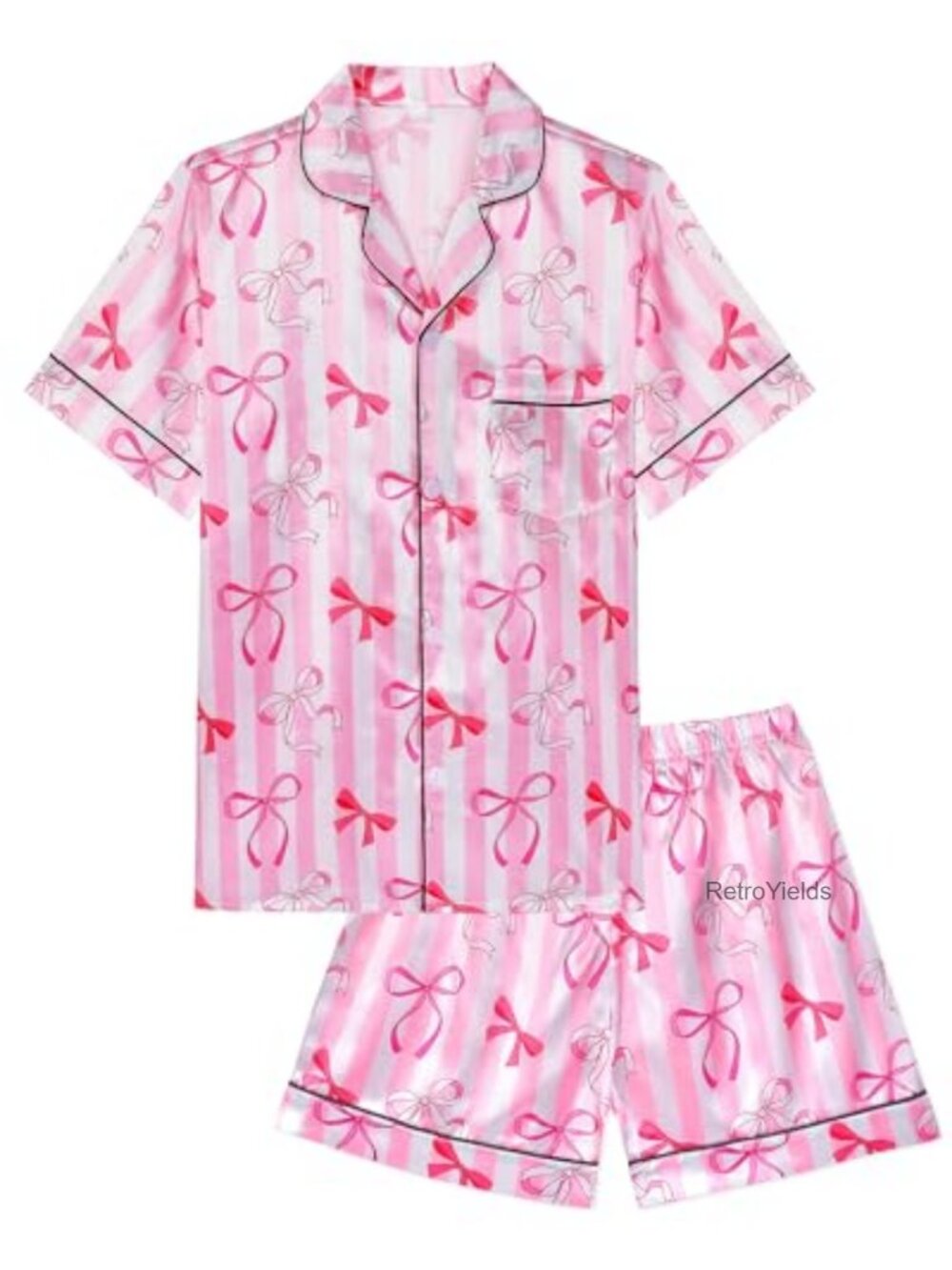 Girls Silk Pajama Set, Satin Button-Down PJS, Short Sleeve, 7-14